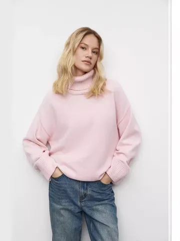 Women's Casual Turtleneck Knit Sweater Viscose Blend Loose Fit Long Sleeve Drop Shoulder Pullover Solid Color Autumn Winter Top