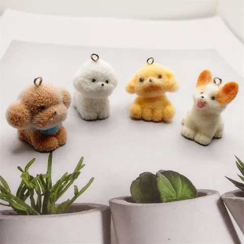 Flocked Resin Simulation Puppy Dog Charm DIY Jewelry Accessories Cute Animal Keychain Pendant Craft Supplies