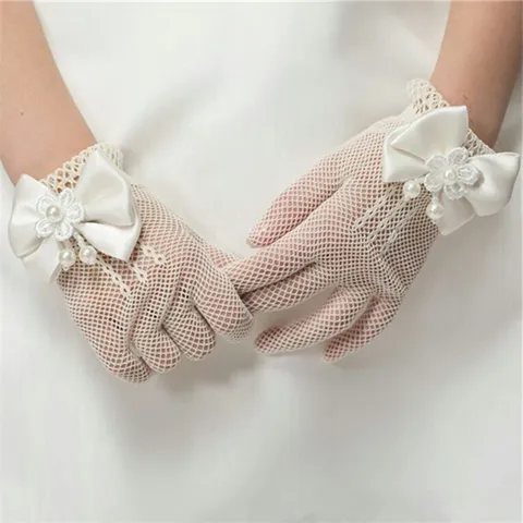 Kids Lace Mesh Princess Gloves White Black Red Pink Beige Bowknot Pearl Party Wedding Performance Gloves Children Handwear