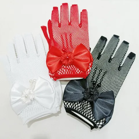 Kids Lace Mesh Princess Gloves White Black Red Pink Beige Bowknot Pearl Party Wedding Performance Gloves Children Handwear