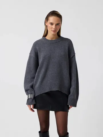 Women's Casual Core-Spun Yarn Pullover Sweater Long Sleeve Crew Neck Loose Knitwear Solid Color Fall Winter Top