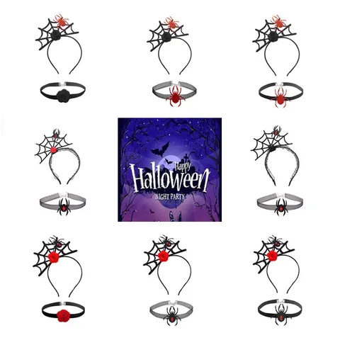 Halloween Spider Headband Choker Set Gothic Mesh Web Red Rose Witch Hat Costume Accessories Festival Night Party Supplies For Women