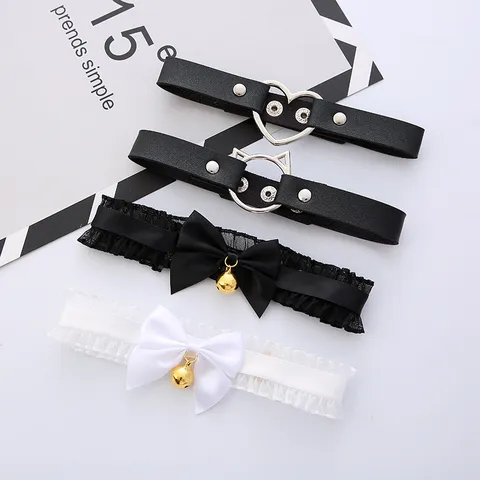 Lace Bell Choker Necklace PU Leather Heart Cat Ear Clavicle Chain Gothic Lolita Cosplay Jewelry Accessories For Women