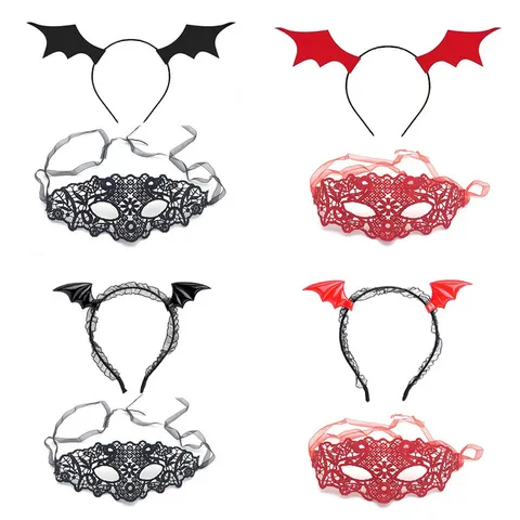 Halloween Accessories Bat Wings Headband Lace Face Mask Set Costume Party Masquerade Hair Hoop Women Exotic Accessories