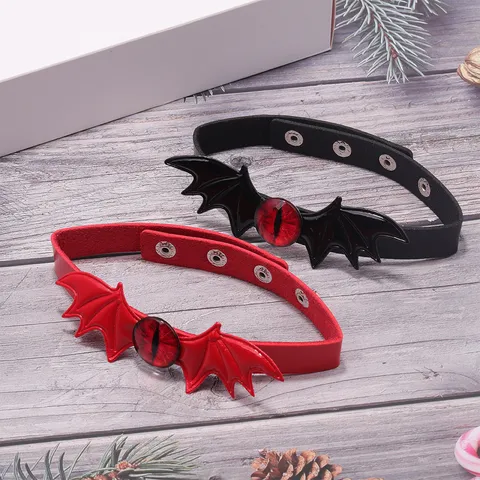 Gothic PU Leather Bat Choker Evil Eye Pendant Skull Details Punk Adjustable Collar Halloween Party Gift Jewelry Necklace For Women