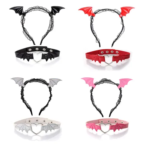 Halloween Bat Wings Headband Heart Choker PU Leather Alloy Lace Gothic Cool Style For Masquerade Party Women Accessories