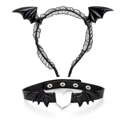 Halloween Bat Wings Headband Heart Choker PU Leather Alloy Lace Gothic Cool Style For Masquerade Party Women Accessories
