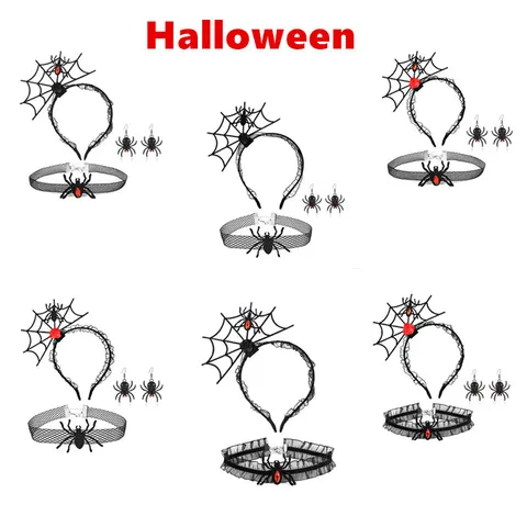 Gothic Halloween Spider Headband Choker Earrings Set Fabric Alloy Rhinestone Spiderweb Rose Festival Cosplay Party Headpiece Set For Men Women