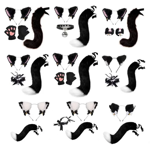 Cute Fabric Cat Ears Headband Plush Tail Choker Gloves Cosplay Costume Accessories Set For Halloween Party Unisex Style
