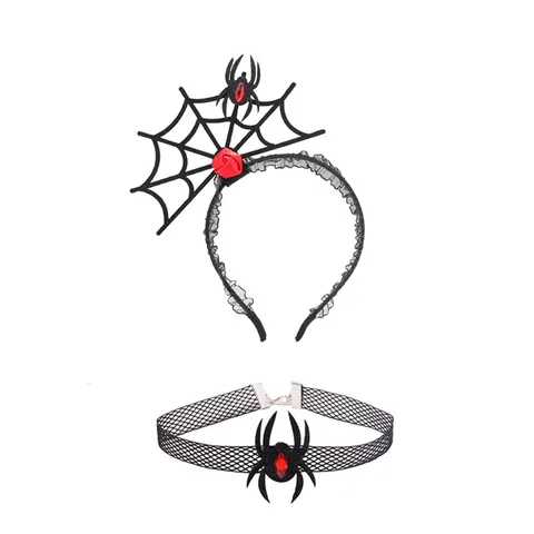 Halloween Spider Headband Choker Set Gothic Mesh Web Red Rose Witch Hat Costume Accessories Festival Night Party Supplies For Women
