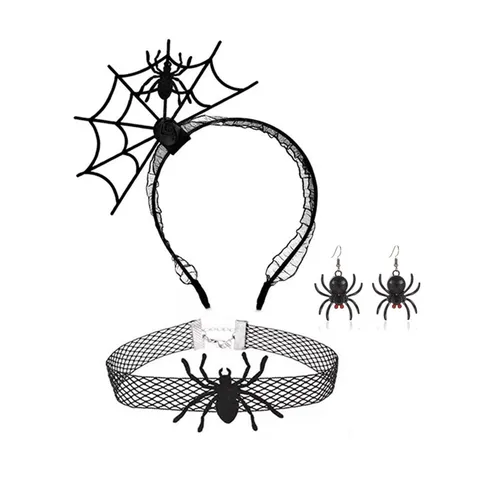 Gothic Halloween Spider Headband Choker Earrings Set Fabric Alloy Rhinestone Spiderweb Rose Festival Cosplay Party Headpiece Set For Men Women