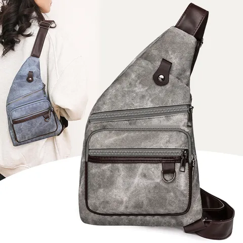 Vintage PU Leather Chest Bag For Women Men Casual Crossbody Messenger Shoulder Bag Multi Zipper Pockets Outdoor Sport Sling Pack