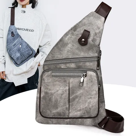 Casual PU Leather Chest Bag For Men Women Minimalist Solid Color Crossbody Sling Bag Multi Pocket Outdoor Sports Shoulder Pack