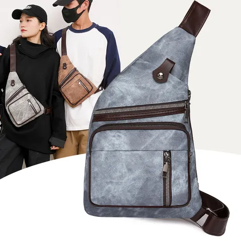 Vintage PU Leather Chest Bag For Men Women Solid Color Casual Crossbody Sling Bag Outdoor Travel Multi Pocket Shoulder Bag