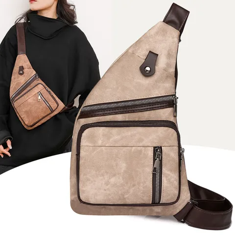 Vintage PU Leather Chest Bag For Men Women Solid Color Casual Crossbody Sling Bag Outdoor Travel Multi Pocket Shoulder Bag