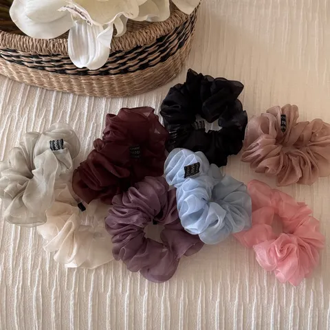 Korean Style Solid Color Mesh Scrunchie High Elasticity Pleated Fabric Hair Tie Sweet Girls Ponytail Holder Elegant Hair Accessories