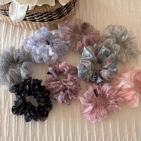Korean Style Organza Scrunchie Floral Polka Dot Print Large Hair Ring Handmade Fluffy Hair Tie For Women Girls Daily Hair Accessories