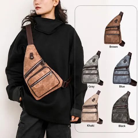 Vintage Euro Style PU Canvas Patchwork Sling Chest Bag Adjustable Crossbody Shoulder Bag With Multi Zipper Pockets For Unisex Daily Outdoor
