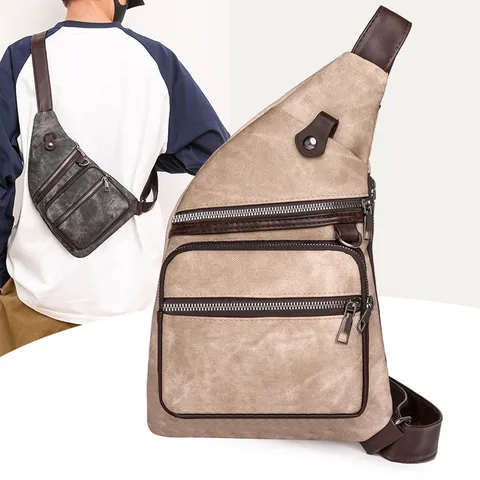 Vintage Euro Style PU Canvas Patchwork Sling Chest Bag Adjustable Crossbody Shoulder Bag With Multi Zipper Pockets For Unisex Daily Outdoor