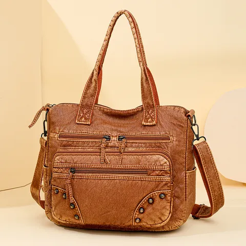 Women Large Capacity Tote Bag Vintage PU Leather Shoulder Crossbody Bag Casual Multi-Pocket Handbag Work Travel