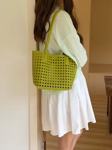 Women's PU Leather Woven Hollow Tote Bag Casual Vacation Handbag Fashion Shoulder Underarm Bag Daily Commuter Bag
