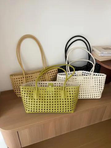 Fashion Woven Tote Bag For Women PU Leather Hollow Out Casual Travel Shoulder Bag Underarm Handbag