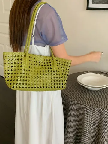 Fashion Woven Tote Bag For Women PU Leather Hollow Out Casual Travel Shoulder Bag Underarm Handbag