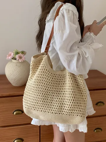 Grande Borsa Tote in Paglia da Donna Casual Intrecciata Borsa a Tracolla Spiaggia Viaggio Quotidiano