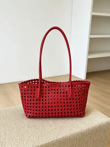 Women's Hollow Woven Tote Bag Synthetic Leather Casual Shoulder Bag Large Capacity Handbag Daily Commuting Bag
