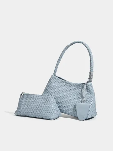 French Niche Elegant Woven Shoulder Bag Women Fashion PU Leather Underarm Handbag With Small Pouch Pendant Daily Casual Purse