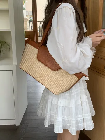 Borsa Tote in Paglia Intrecciata Vintage Francese Patchwork Bicolore Borsa a Tracolla Casual da Spiaggia per Donna Vacanza Estiva