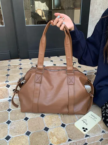 Large Capacity PU Leather Tote Bag Women Casual Travel Handbag Solid Color Single Shoulder Crossbody Luggage Bag