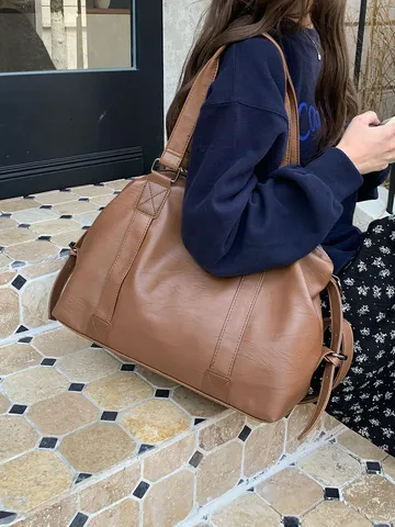 Large Capacity PU Leather Tote Bag Women Casual Travel Handbag Solid Color Single Shoulder Crossbody Luggage Bag
