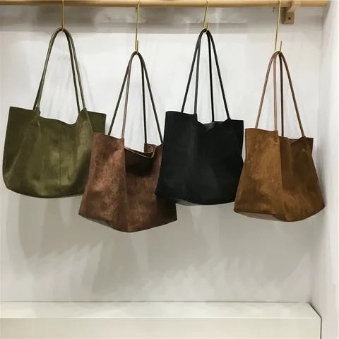Women Large Capacity Retro Suede Tote Bag Casual Commuter Solid Color Shoulder Handbag Mother And Child Bag Set