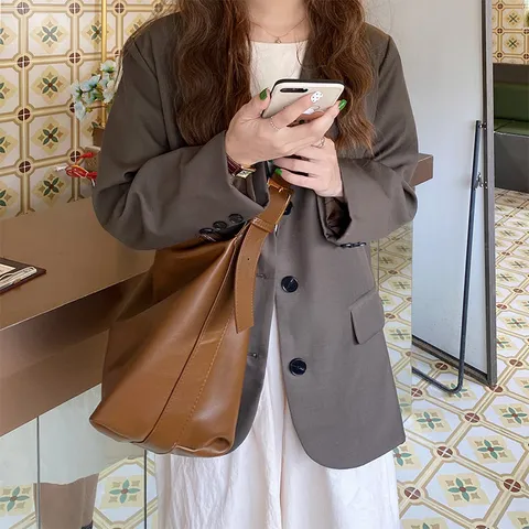Women Large Capacity PU Leather Tote Bag Minimalist Soft Slouchy Shoulder Bag Casual Daily Crossbody Bag