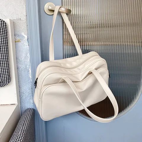 Women's Vintage PU Leather Large Capacity Tote Bag Casual Solid Color Shoulder Bag Travel Luggage Bag Female Handbag