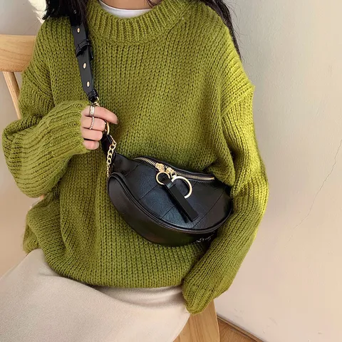 Women Fashion PU Leather Waist Bag Casual Chest Bag Crossbody Shoulder Bag Chic Chain Design Daily Street Style Black