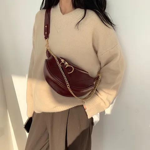 Women Fashion PU Leather Waist Bag Casual Chest Bag Crossbody Shoulder Bag Chic Chain Design Daily Street Style Black