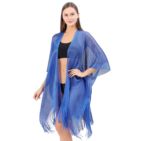 Damen Mode Metallisch Glitzer Schal Fransen Offene Front Strand Cover Up Sommer Urlaub Leichter Polyester Schal