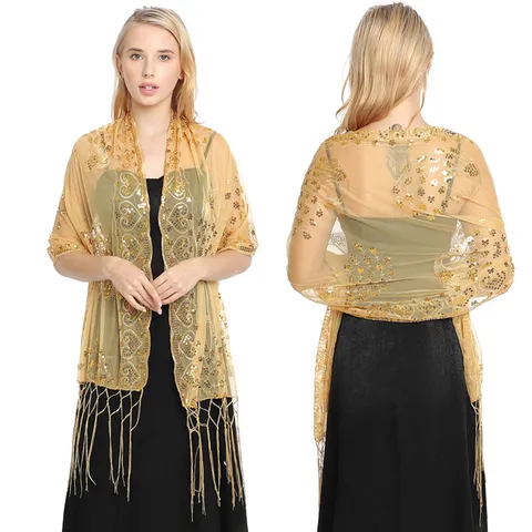 Damen Elegantes Pfauen Pailletten Bestickt Schal Quaste Mesh Wrap Tuch Für Abendparty Hochzeitskleid