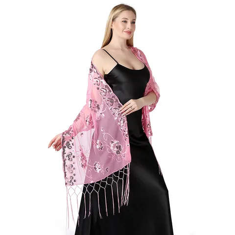 Damen Abend Party Hochzeit Schal Pailletten Bestickt Quaste Wickel Transparente Mesh Formeller Polyester Schal