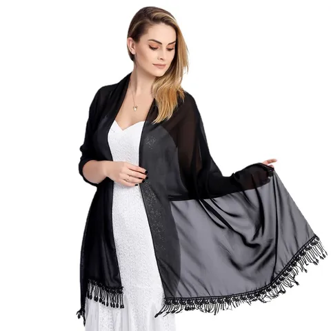 Damen Chiffon Schal Eleganter Einfarbiger Spitzenbesatz Quasten Wickelschal Für Hochzeit Abendparty Kleid Braut Accessoire