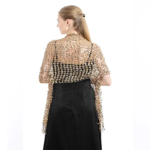 Vrouwen Elegante Geborduurde Pailletten Sjaal Polyester Gaas Franje Wikkel Cape Voor Avondfeest Trouwjurk Accessoire
