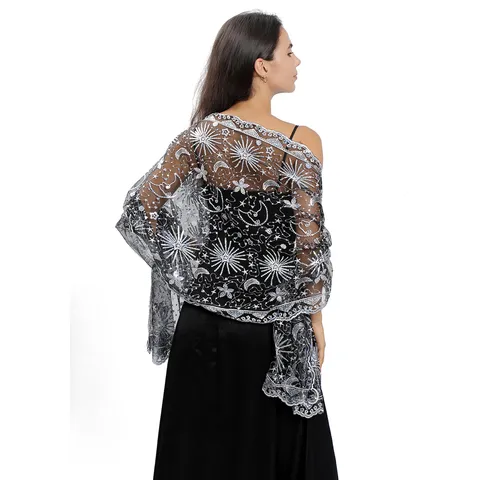 Damen Eleganter Abendkleid Schal Stern Mond Pailletten Bestickt Mesh Wrap Hochzeit Party Umhang Tuch