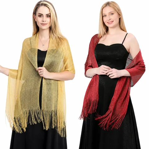 Women Polyester Metallic Tassel Shawl Evening Party Wedding Bridal Wrap Scarf Glitter Shiny Dress Accessories