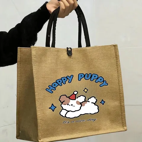 Large Capacity Canvas Tote Bag Casual Commuter Linen Handbag Cute Cartoon Printed Grocery Bag Shopping Tote Bag For Women