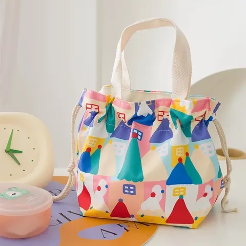 Waterproof Canvas Drawstring Bento Bag Cute Print Handheld Lunch Bag Portable Student Commuter Storage Handbag