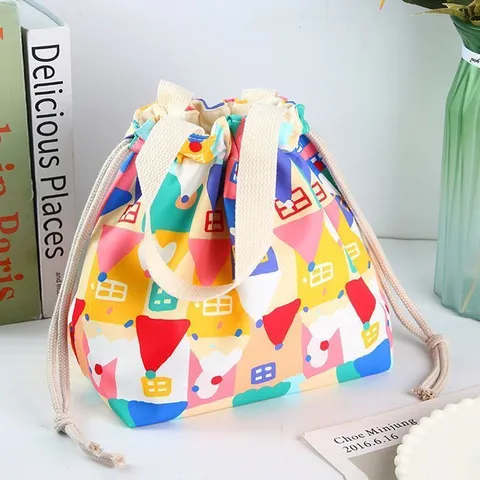 Waterproof Canvas Drawstring Bento Bag Cute Print Handheld Lunch Bag Portable Student Commuter Storage Handbag