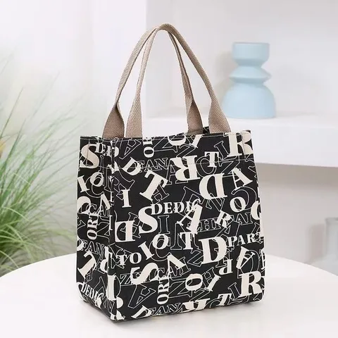 Women Canvas Tote Bag Cartoon Letter Print Handbag Casual Daily Commute Lunch Bento Bag Urban Minimalist Style