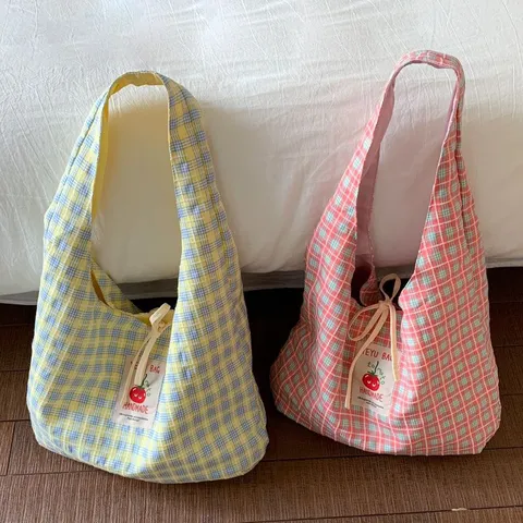 Women's Casual Plaid Canvas Tote Bag Large Capacity Student School Handbag Bowknot Contrast Color Daily Shoulder Bag